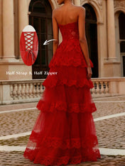 Red Tiered Tulle Strapless Lace Bodice A-Line Long Prom Dress