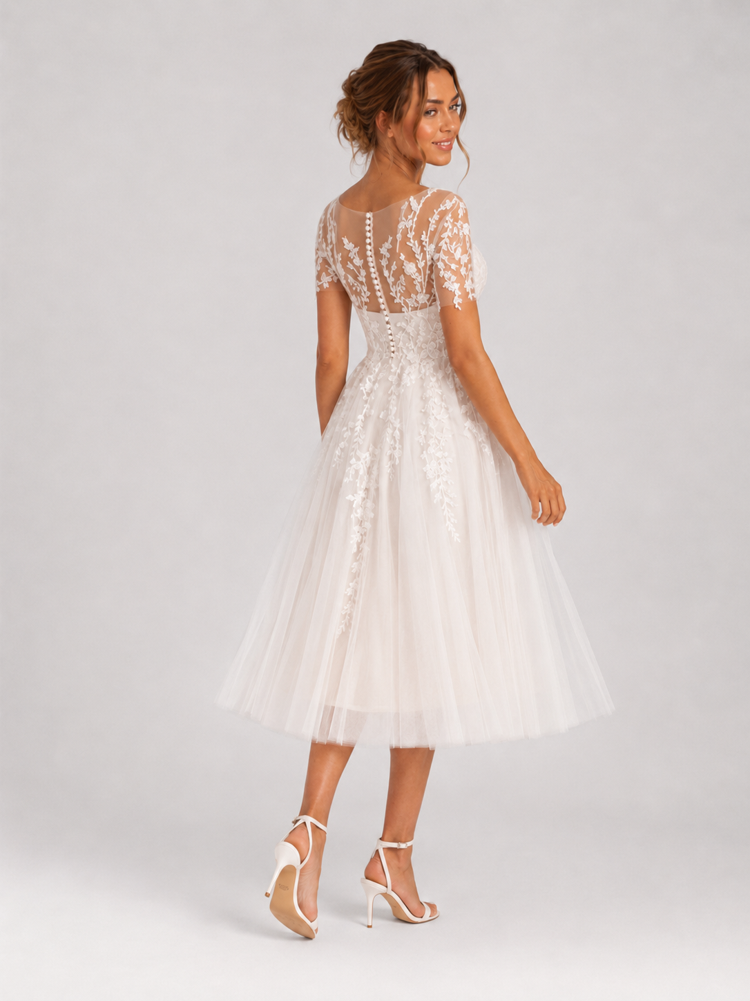 Elegant Short Sleeve Illusion Sweetheart Lace Tea-Length Wedding Dress with Button-Back Detail