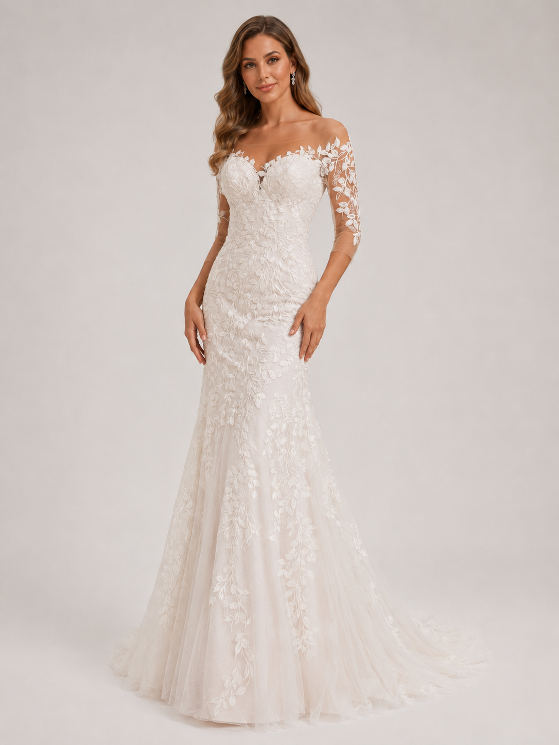 Elegant Off-the-Shoulder Illusion Lace Applique Sheath Wedding Dress with Sweep Train