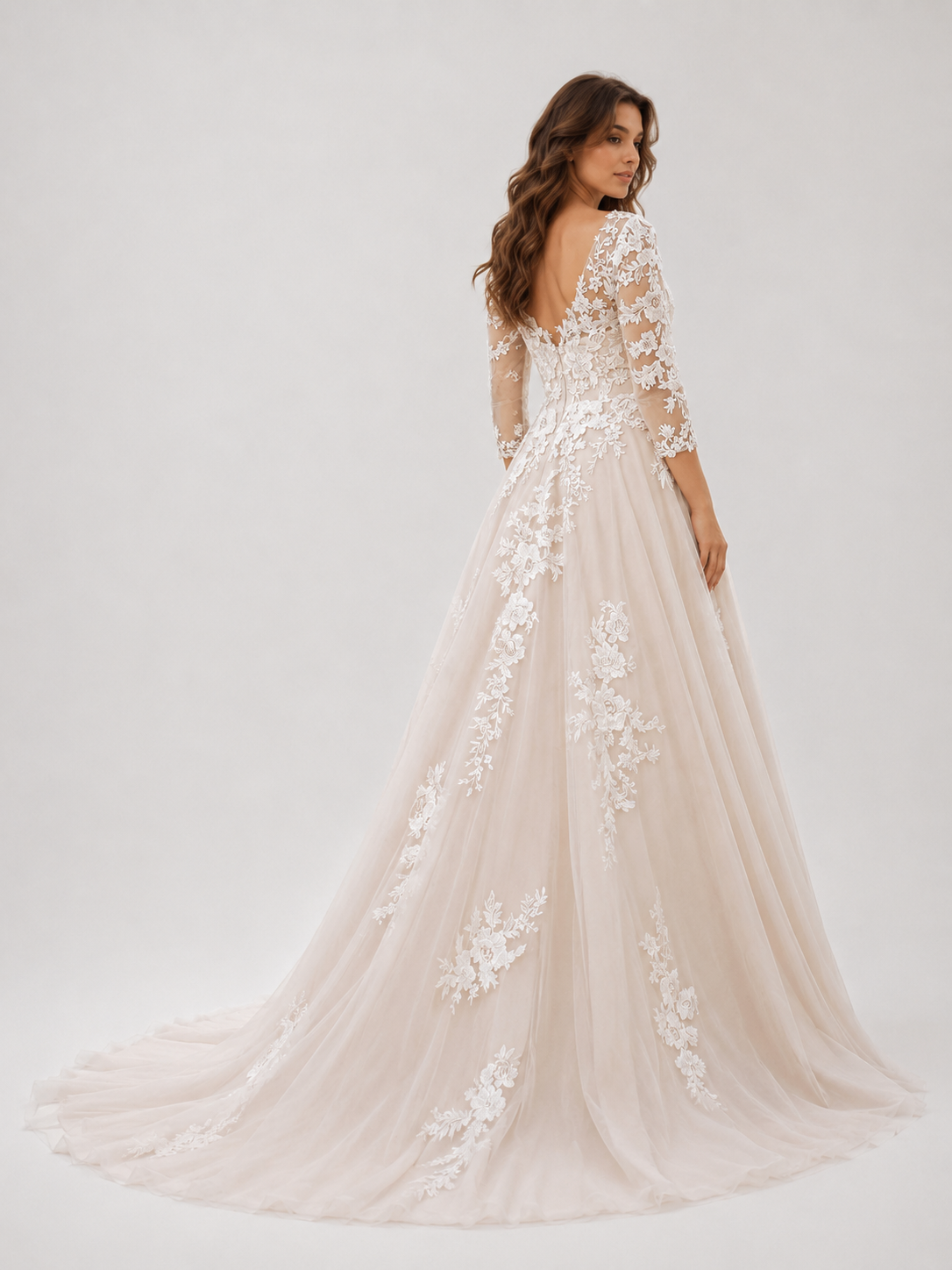 Elegant Illusion V-Neck Lace Applique Tulle A-Line Wedding Dress with Chapel Train