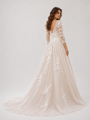 Elegant Illusion V-Neck Lace Applique Tulle A-Line Wedding Dress with Chapel Train