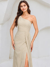 Ivory A Line Chiffon One Shoulder Sleeveless Floor Length Dress With High Slit