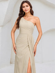 Ivory A Line Chiffon One Shoulder Sleeveless Floor Length Dress With High Slit