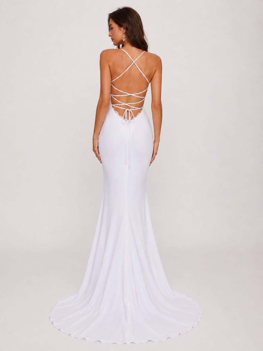 Elegant Spaghetti Strap Lace-Trimmed Satin Sheath Wedding Dress with Sweep Train