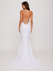 Elegant Spaghetti Strap Lace-Trimmed Satin Sheath Wedding Dress with Sweep Train