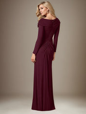 Cabernet Satin Asymmetrical Neck Long Sleeves Floor Length Dress With 3D Flower