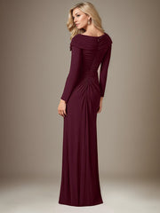Cabernet Satin Asymmetrical Neck Long Sleeves Floor Length Dress With 3D Flower