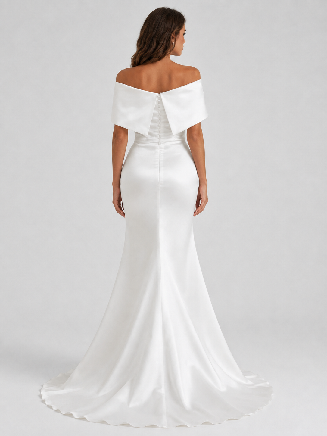 Elegant Off-the-Shoulder Draped Satin Sheath Wedding Dress with Detachable Overskirt and Chapel Train