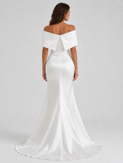 Elegant Off-the-Shoulder Draped Satin Sheath Wedding Dress with Detachable Overskirt and Chapel Train