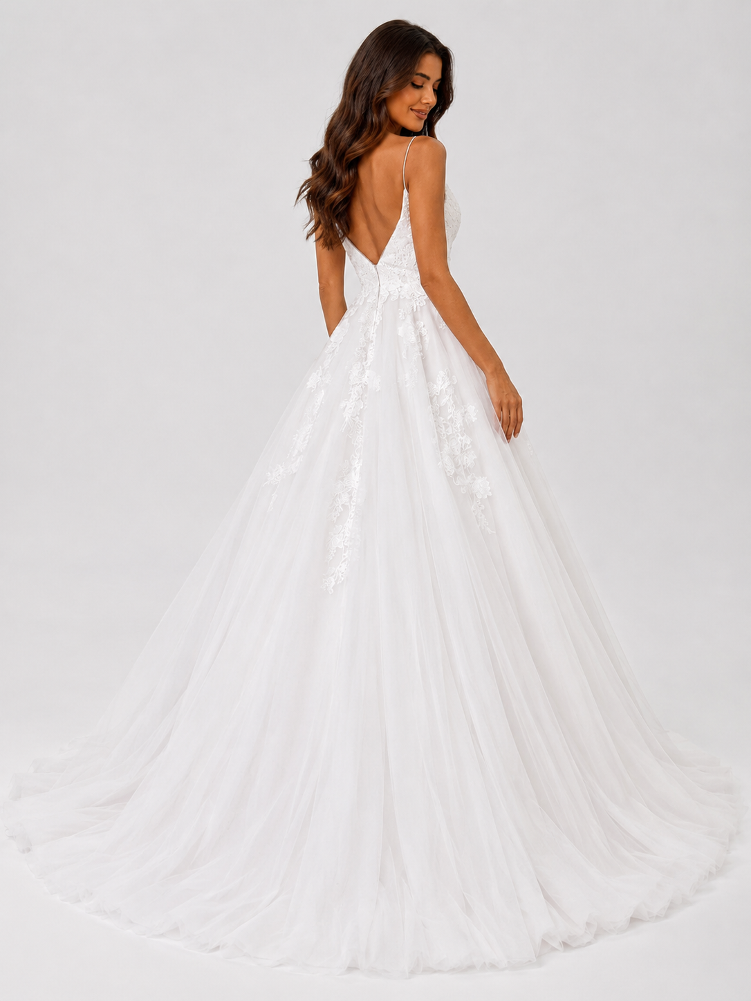 Elegant Spaghetti Strap Lace Appliqué A-Line Wedding Dress with Sweep Train