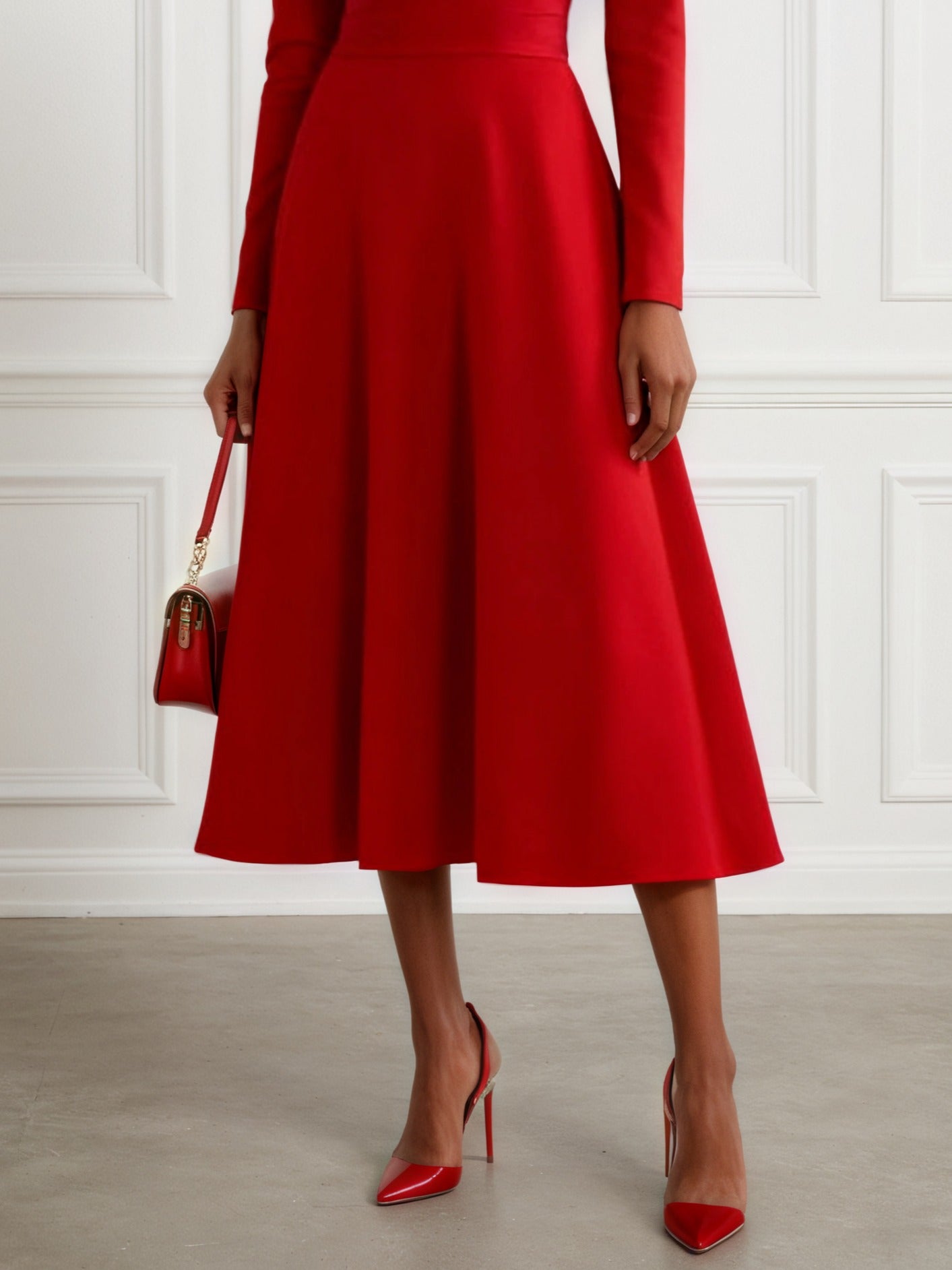 Red Classic Asymmetrical Long Sleeve A-Line Midi Dress