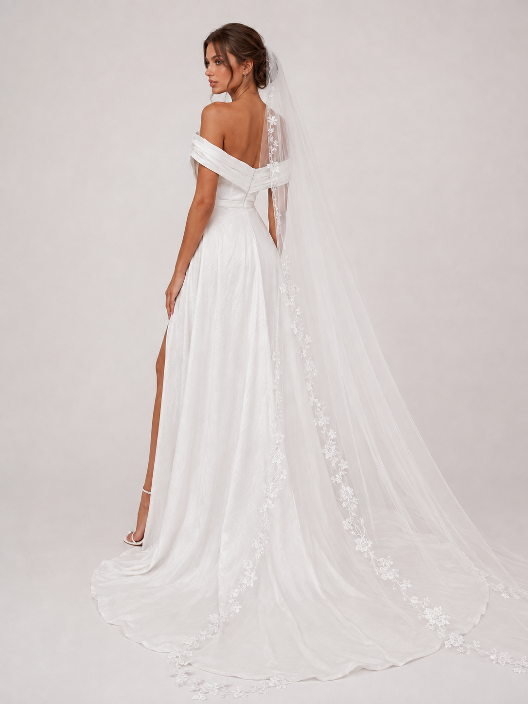 Elegant One-Shoulder Ruched Satin A-Line Wedding Dress with High Slit and Chapel Train
