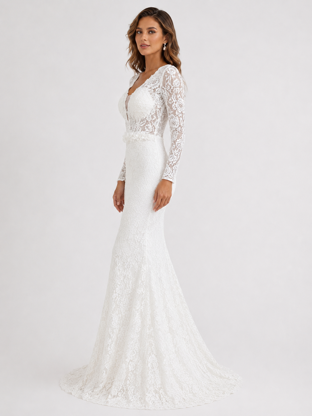 Elegant Long Sleeve V-Neck Illusion Lace Mermaid Wedding Dress with Chapel Train