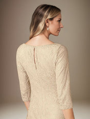 Champagne Sheath/Column Lace Boat Neck 3/4 Sleeves Knee Length Dress With Slit