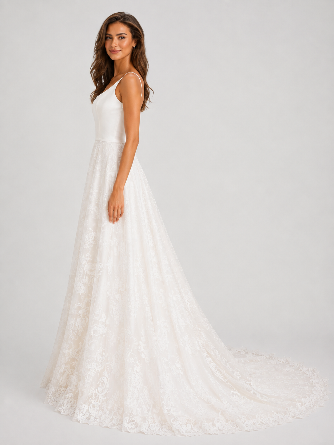 Elegant Scoop Neck Satin Bodice Lace Overlay A-Line Wedding Dress with Chapel Train