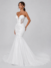 Elegant Strapless Sheer Corset Lace Mermaid Wedding Dress with Chapel Train