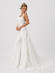 Elegant Square Neckline 3D Floral Applique Mermaid Wedding Dress with Detachable Overskirt and Chapel Train