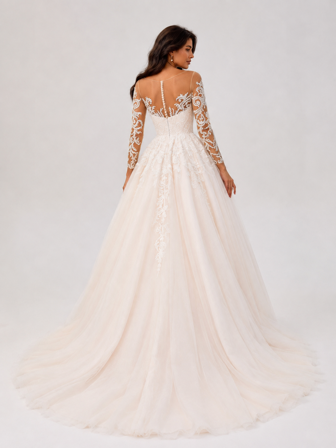 Elegant Illusion Long-Sleeve Lace Tulle A-Line Wedding Dress with Chapel Train