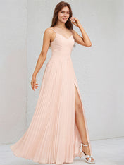 A-Line V-Neck Floor-Length Chiffon Bridesmaid Dress With Pleated