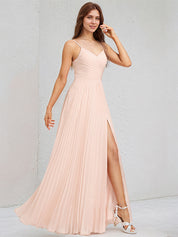 A-Line V-Neck Floor-Length Chiffon Bridesmaid Dress With Pleated