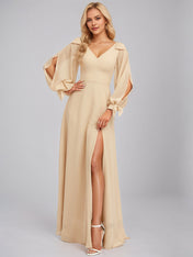 Champagne A-Line V-Neck Floor-Length Chiffon Bridesmaid Dress With Bow