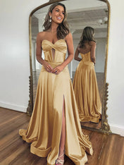 Navy Mermaid Strapless Corset Bodice Prom Dress with Slit