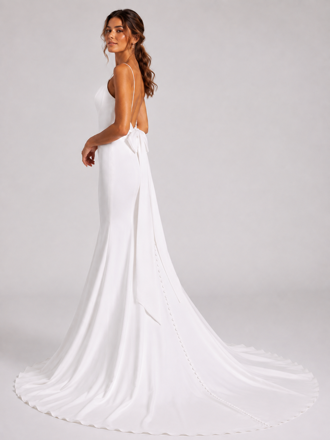 Elegant V-Neck Bow-Back Satin Mermaid Wedding Dress with Chapel Train