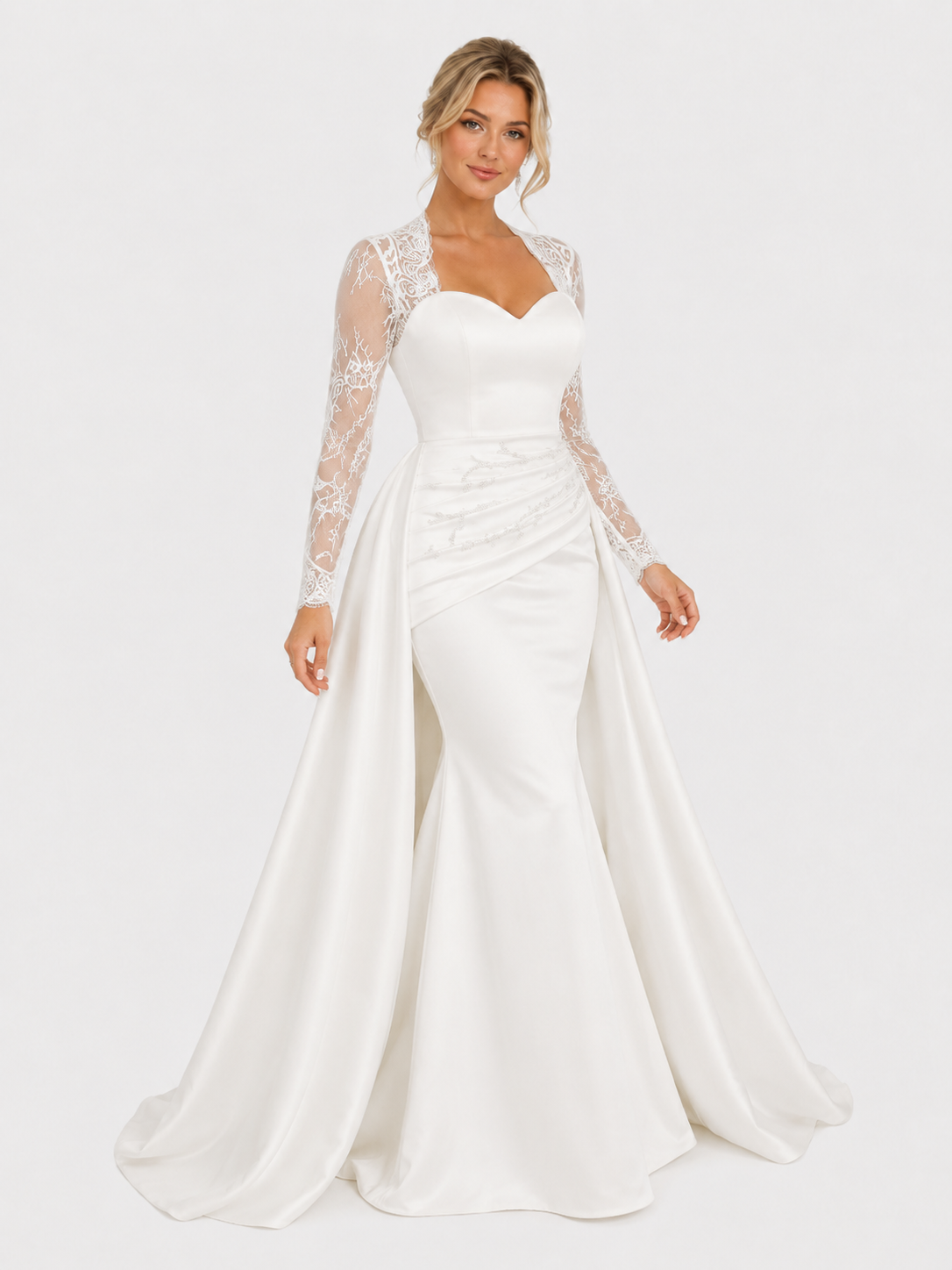 Elegant Lace Illusion Long-Sleeve Mermaid Wedding Dress with Detachable Overskirt and Chapel Train