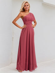 Cinnamon Rose Chiffon A Line One Shoulder Short Sleeves Floor Length Bridesmaid Dress