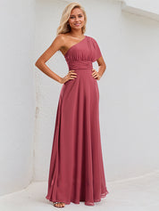 Cinnamon Rose Chiffon A Line One Shoulder Short Sleeves Floor Length Bridesmaid Dress