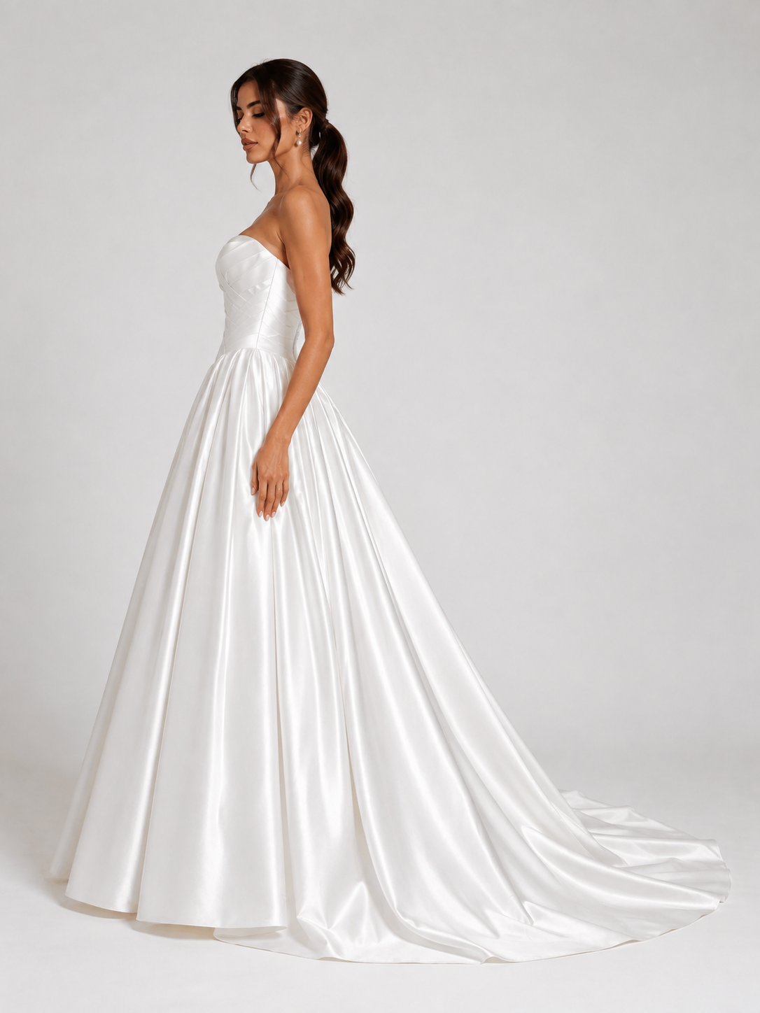 Elegant Strapless Ruched Satin A-Line Wedding Dress with Chapel Train