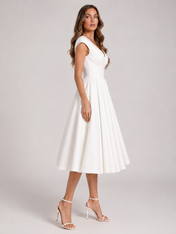 Elegant V-Neck Ruched Satin A-Line Wedding Dress with Open Back and Midi Hem