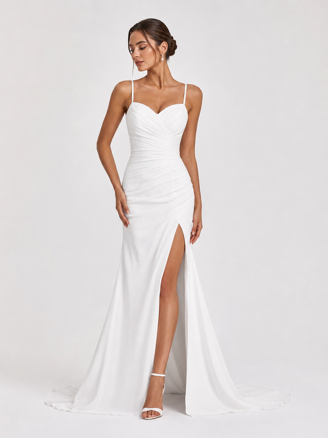 Elegant Spaghetti Strap Ruched Satin Mermaid Wedding Dress with High Slit and Chapel Train