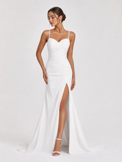 Elegant Spaghetti Strap Ruched Satin Mermaid Wedding Dress with High Slit and Chapel Train