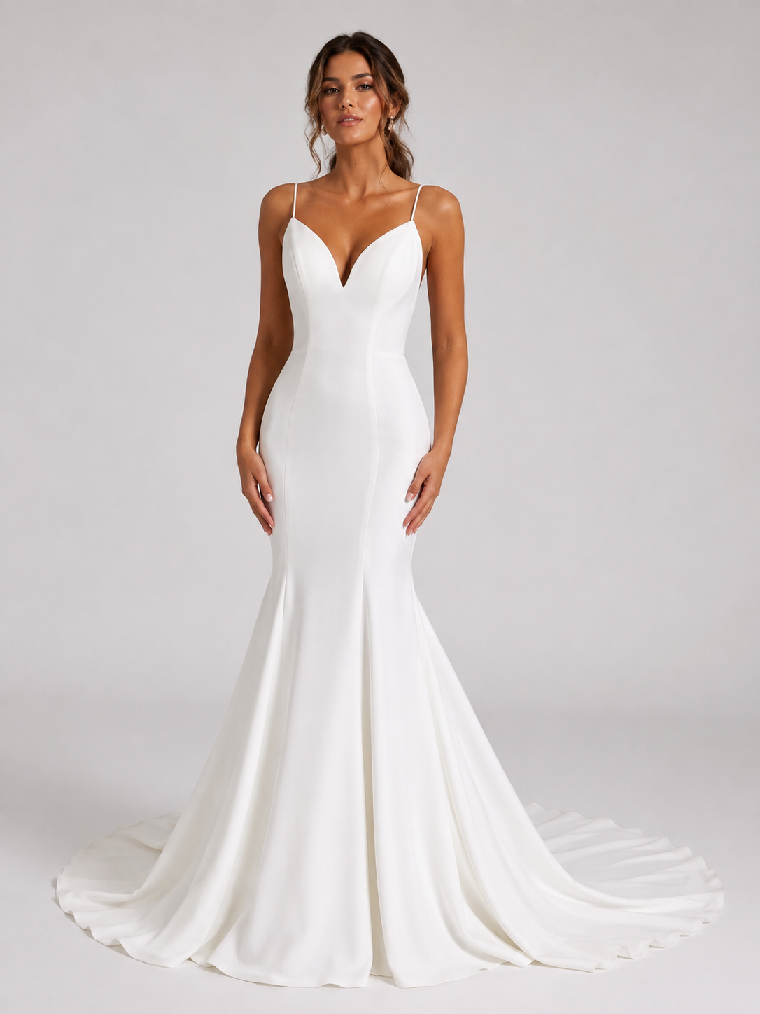 Elegant V-Neck Bow-Back Satin Mermaid Wedding Dress with Chapel Train