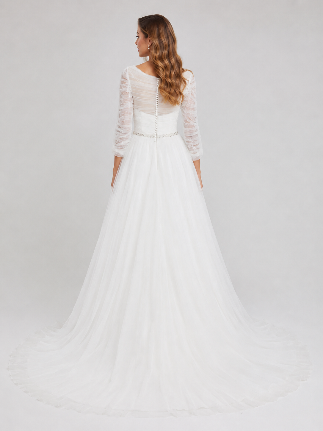 Elegant  3/4-Sleeve Ruched Tulle A-Line Wedding Dress with Chapel Train