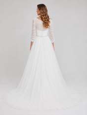 Elegant  3/4-Sleeve Ruched Tulle A-Line Wedding Dress with Chapel Train