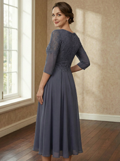 A-line V-Neck Tea-Length Chiffon Lace Mother of the Bride Dress With Beading