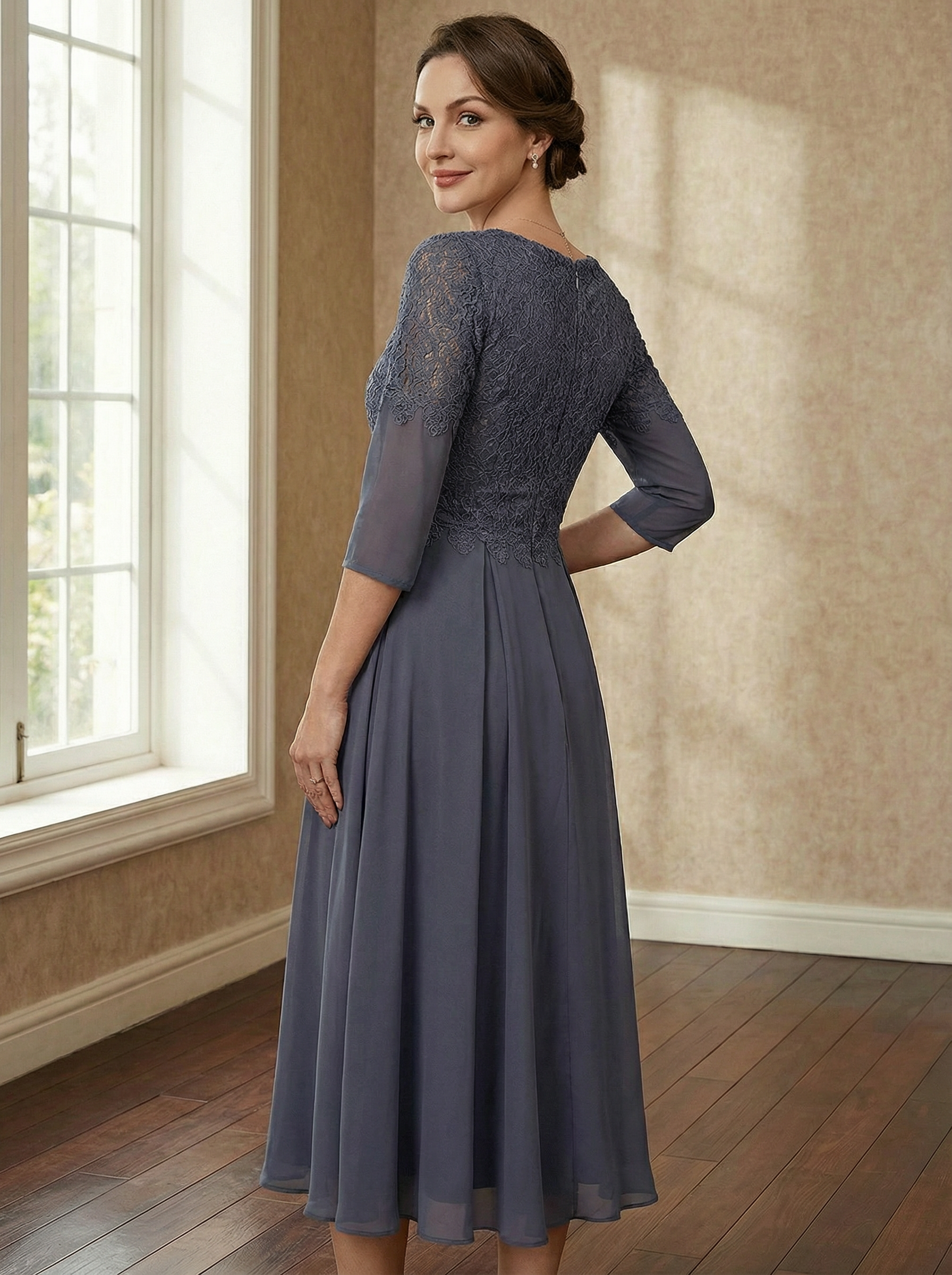 A-line V-Neck Tea-Length Chiffon Lace Mother of the Bride Dress With Beading