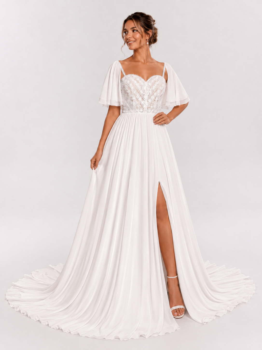 Elegant Sweetheart Lace Bodice Chiffon A-line Wedding Dress with Flutter Sleeves and High Slit