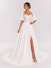 Elegant Sweetheart Lace Bodice Chiffon A-line Wedding Dress with Flutter Sleeves and High Slit