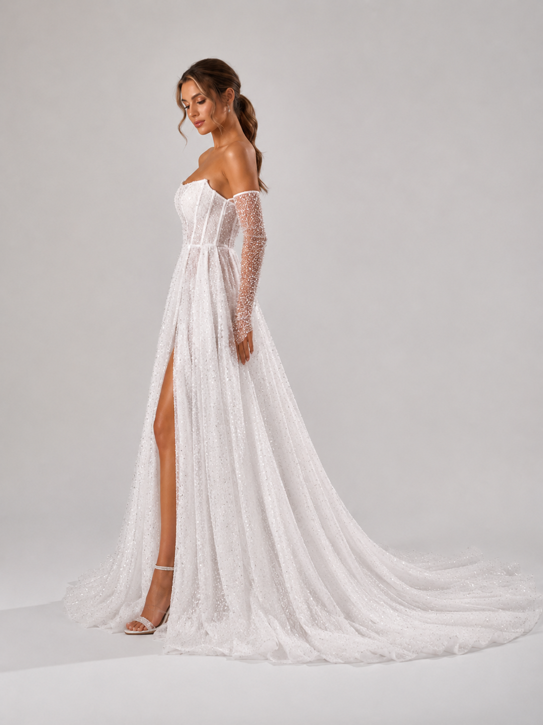 Elegant Off-the-Shoulder Sparkly Tulle A-Line Wedding Dress with High Slit and Chapel Train