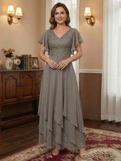 A-line V-Neck Ankle-Length Lace Chiffon Mother of the Bride Dress With Cascading Ruffles