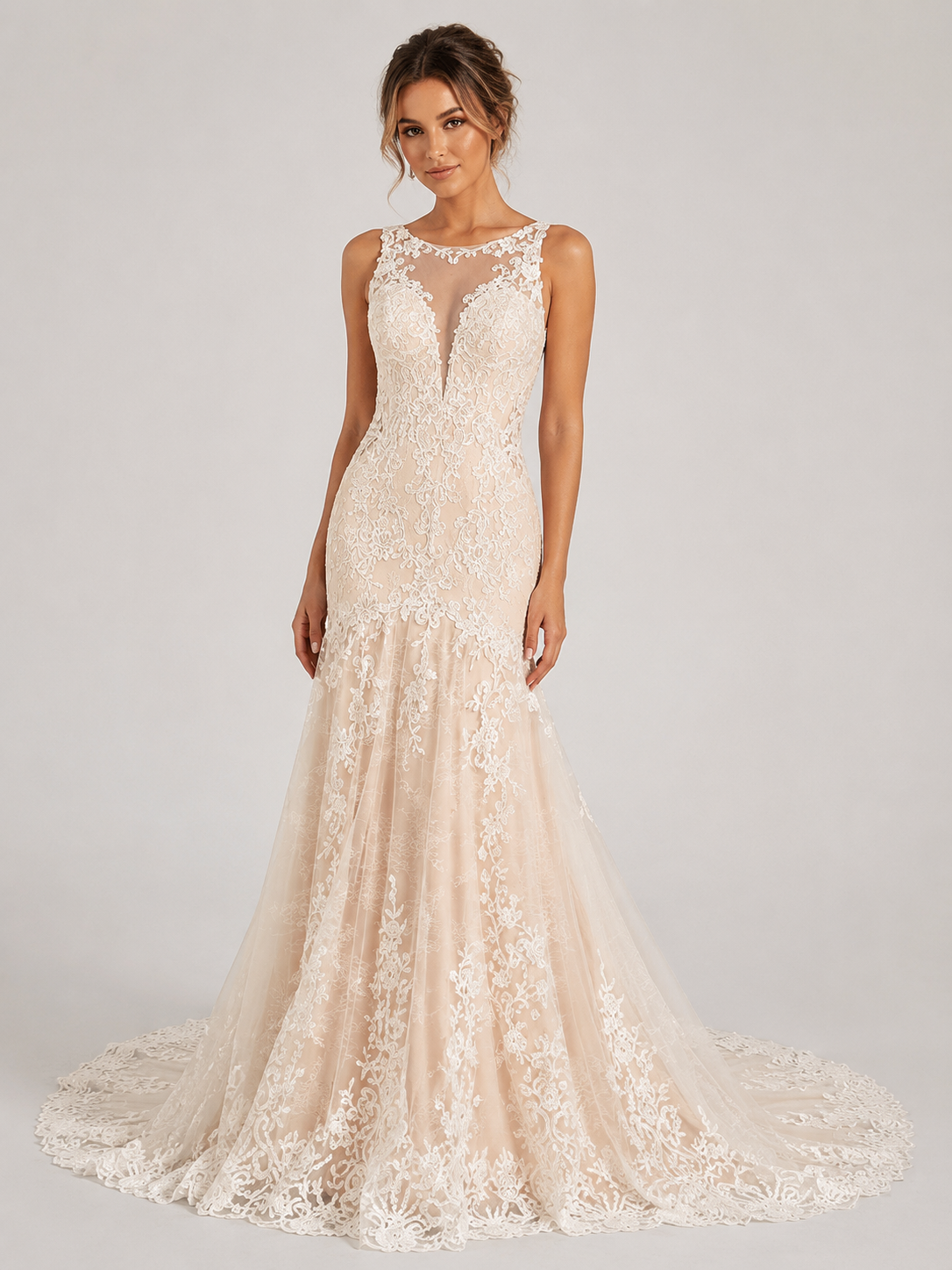 Elegant Illusion High-Neck Lace Mermaid Wedding Dress with Sweep Train