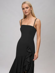 Black Sheath/Column Stretch Crepe Off The Shoulder Sleeveless Floor Length Dress With Ruffles