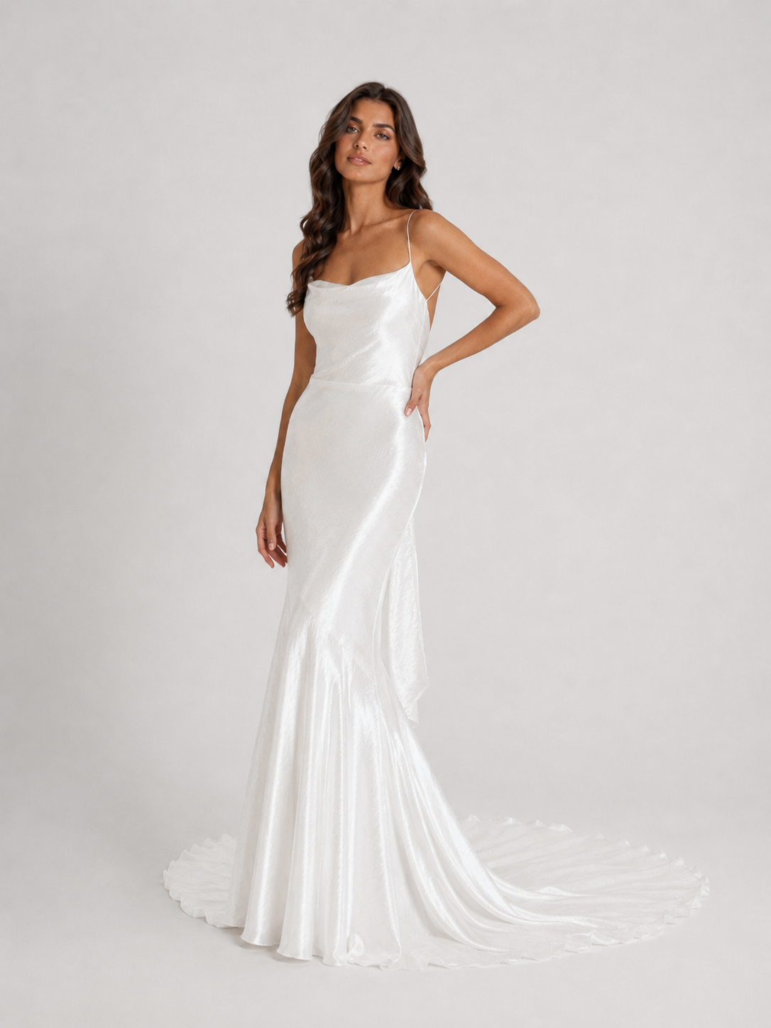 Elegant Spaghetti Strap Cowl Neck Satin Sheath Wedding Dress with Bow Back and Sweep Train