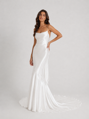 Elegant Spaghetti Strap Cowl Neck Satin Sheath Wedding Dress with Bow Back and Sweep Train