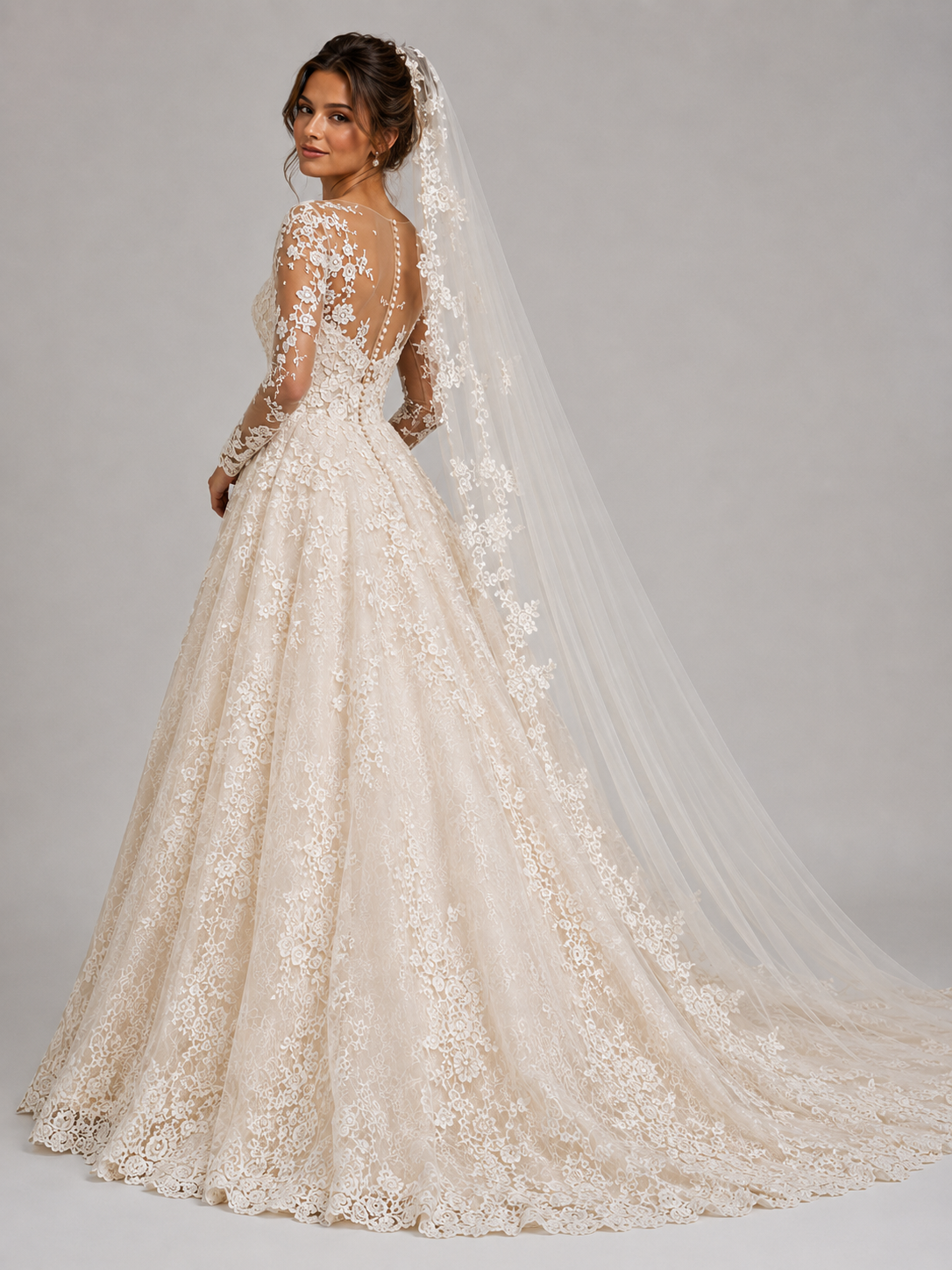 Elegant Illusion Long-Sleeve Lace Applique A-Line Wedding Dress with Chapel Train