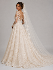 Elegant Illusion Long-Sleeve Lace Applique A-Line Wedding Dress with Chapel Train