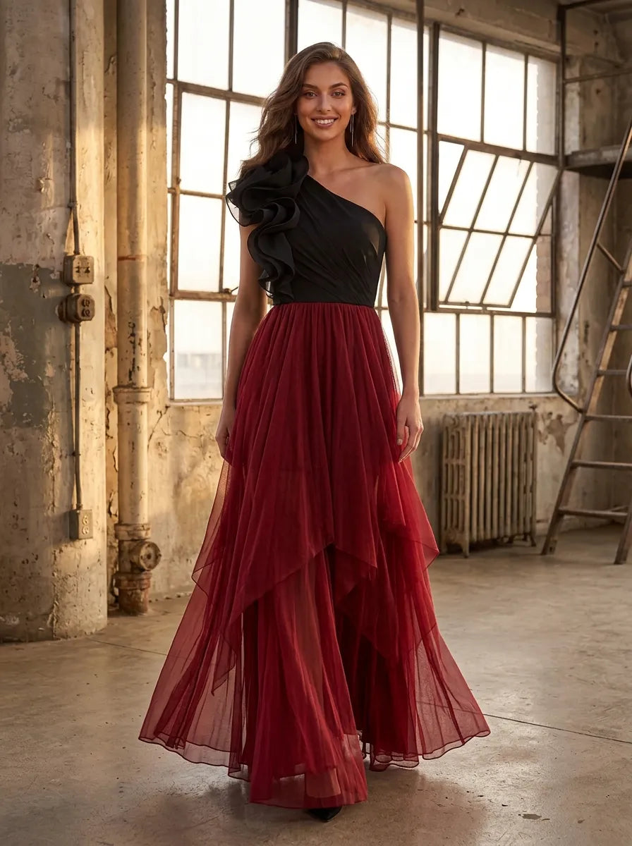 Black and Burgundy One-Shoulder Layered Tulle Evening Dress
